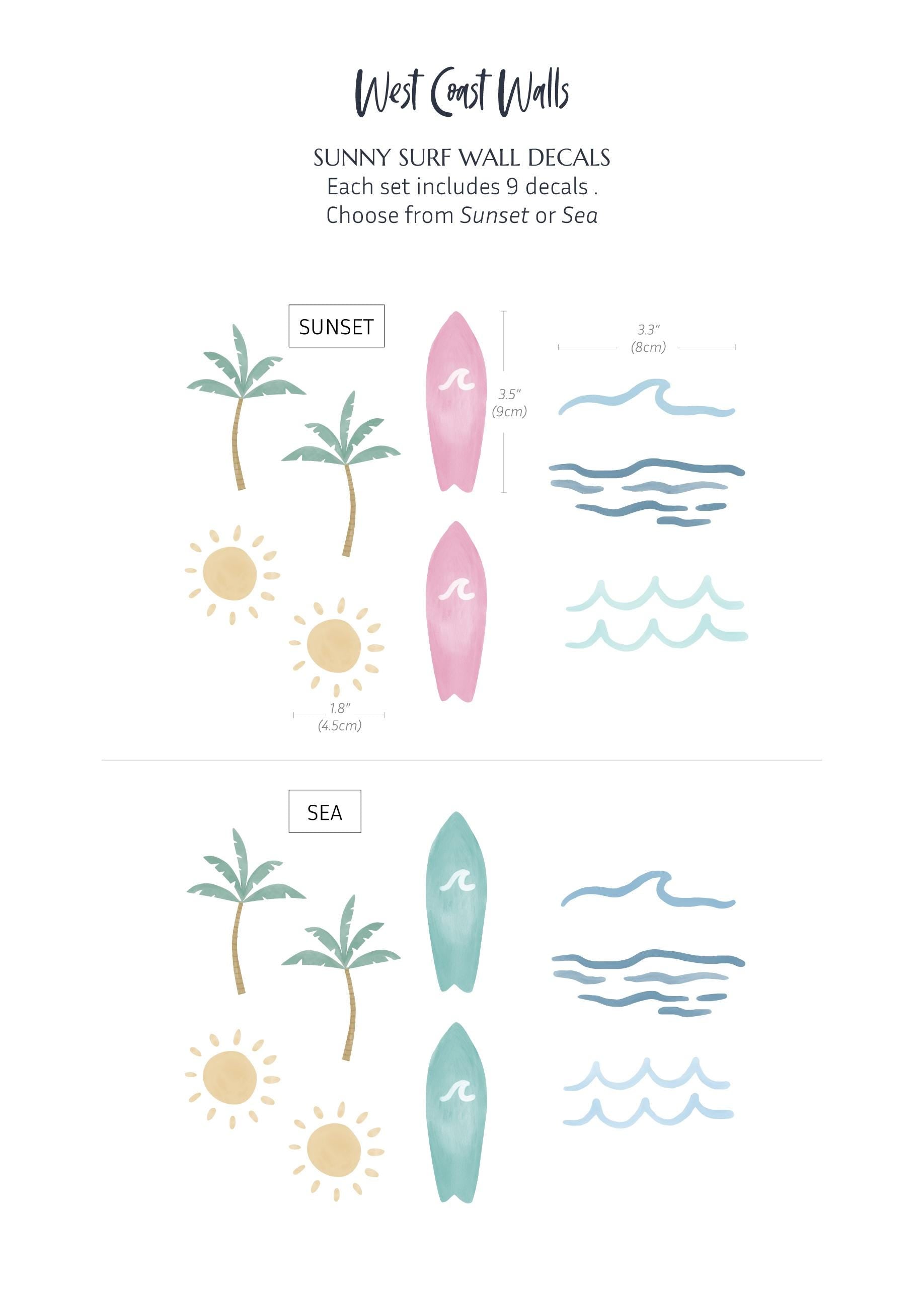 Sunny Surf Decals / Surf Wall Decor / Ocean Theme / Surf Theme / Surf Art / Minimal Kids Room / Kids Decals