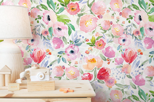 Bright and Cheery Painted Floral Wallpaper