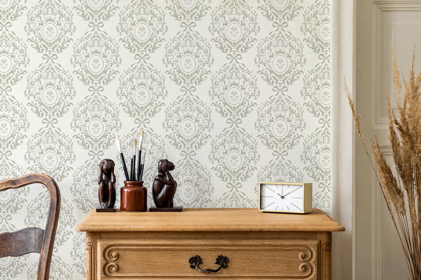 Sage Ribbon Damask Wallpaper