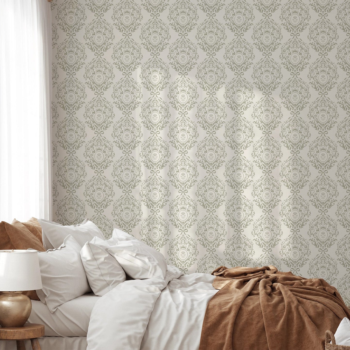 Sage Ribbon Damask Wallpaper