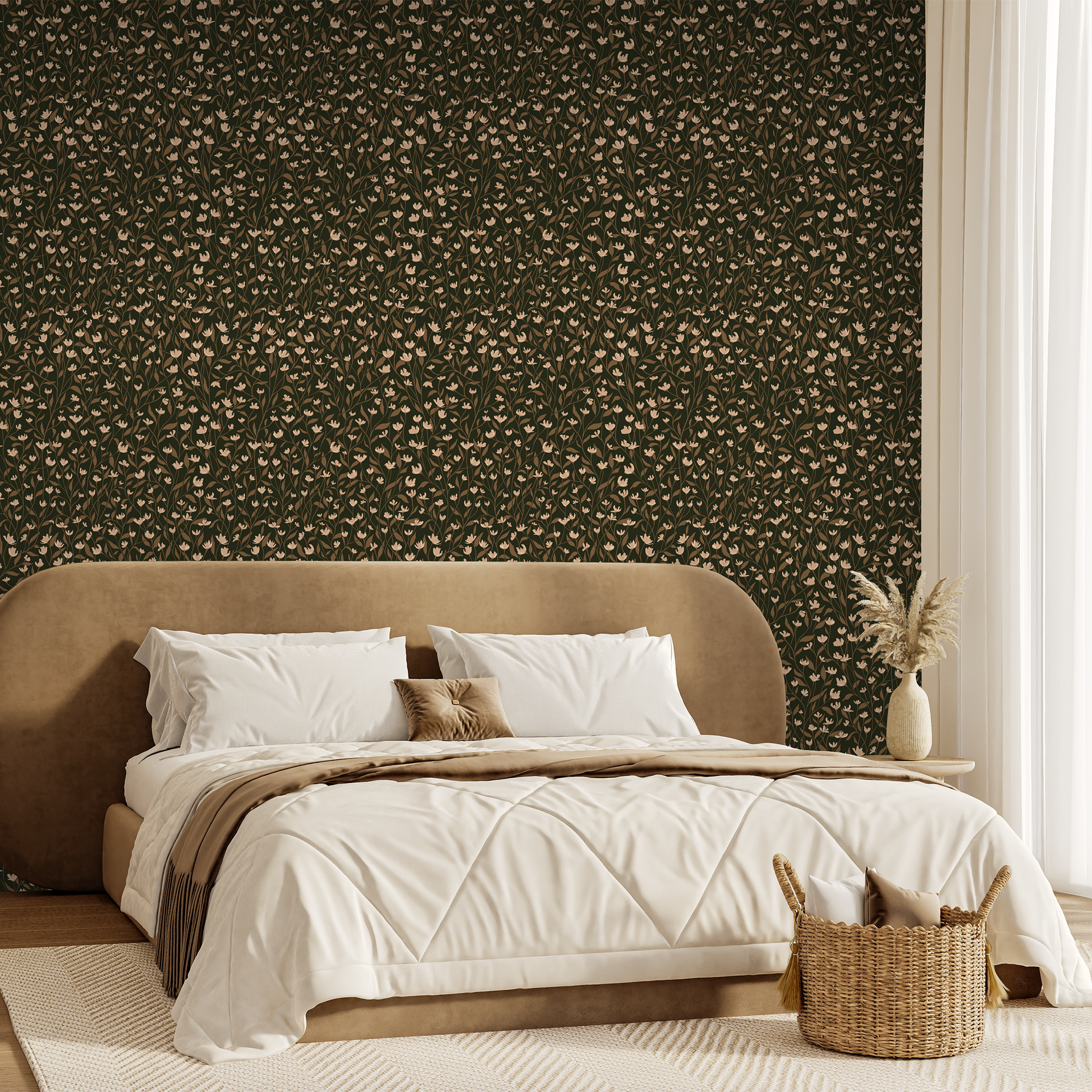 Modern bedroom with a brown bed and dark botanical feature wall