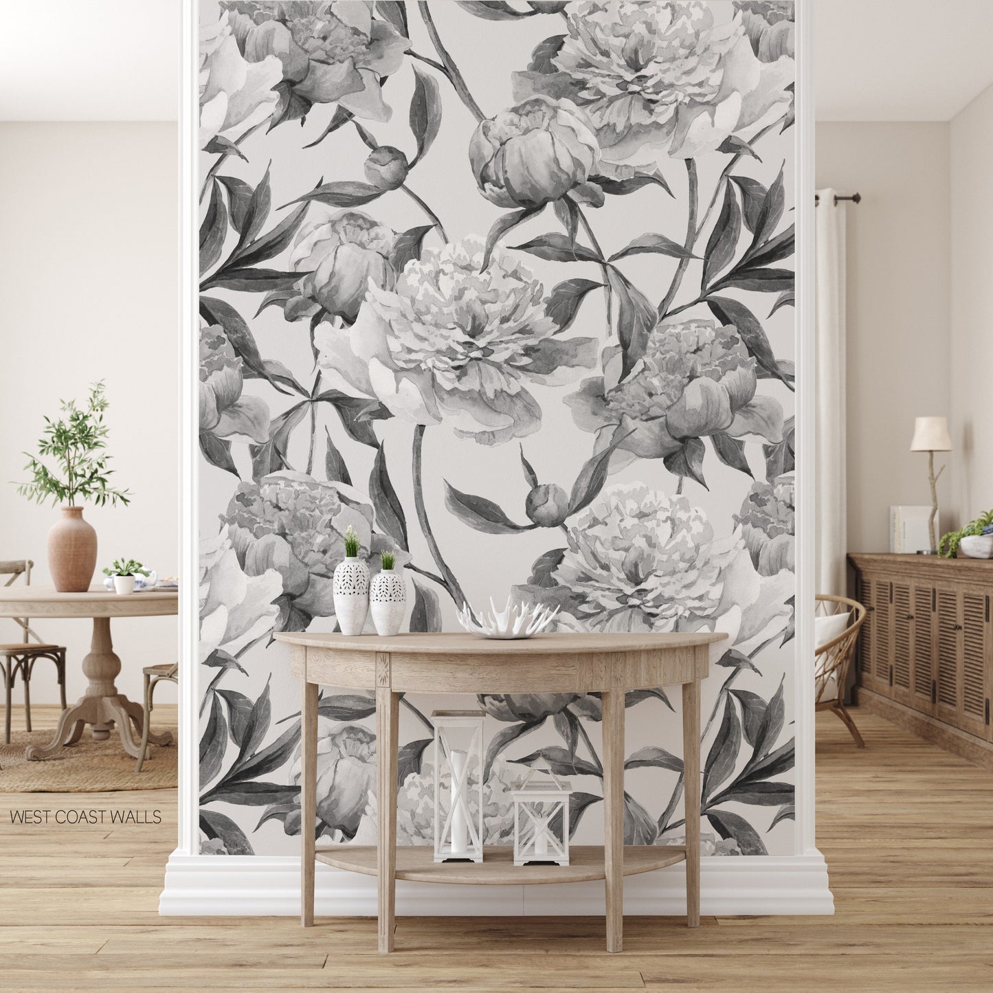 Modern Black and White Watercolour Peony Floral Wallpaper