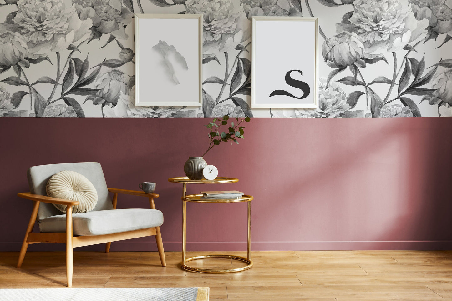 Modern Black and White Watercolour Peony Floral Wallpaper