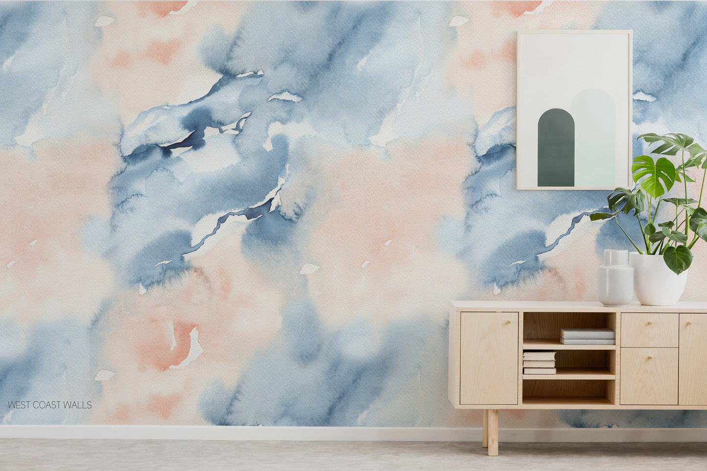 Handpainted Blue and Peach Watercolour Wallpaper