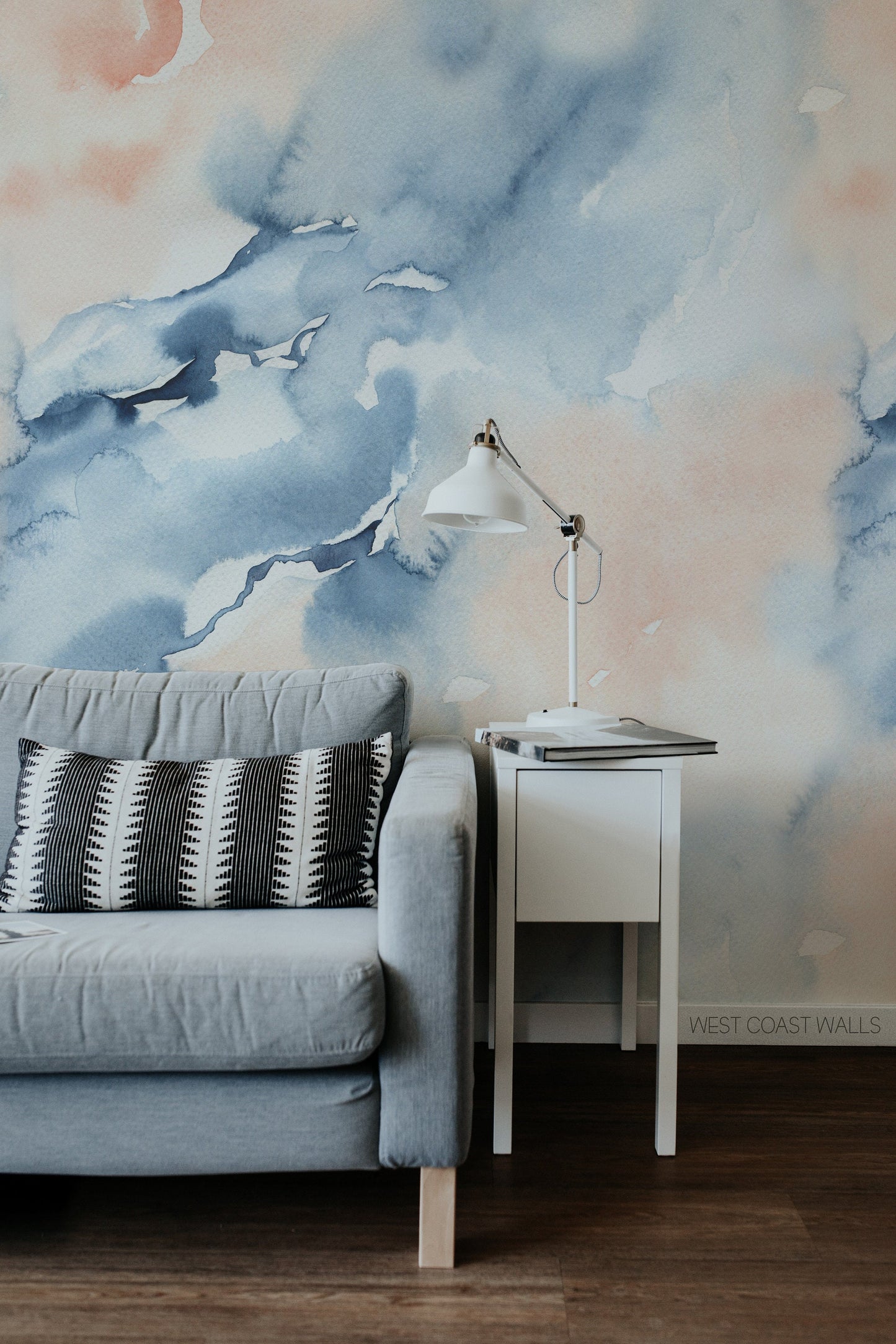 Handpainted Blue and Peach Watercolour Wallpaper