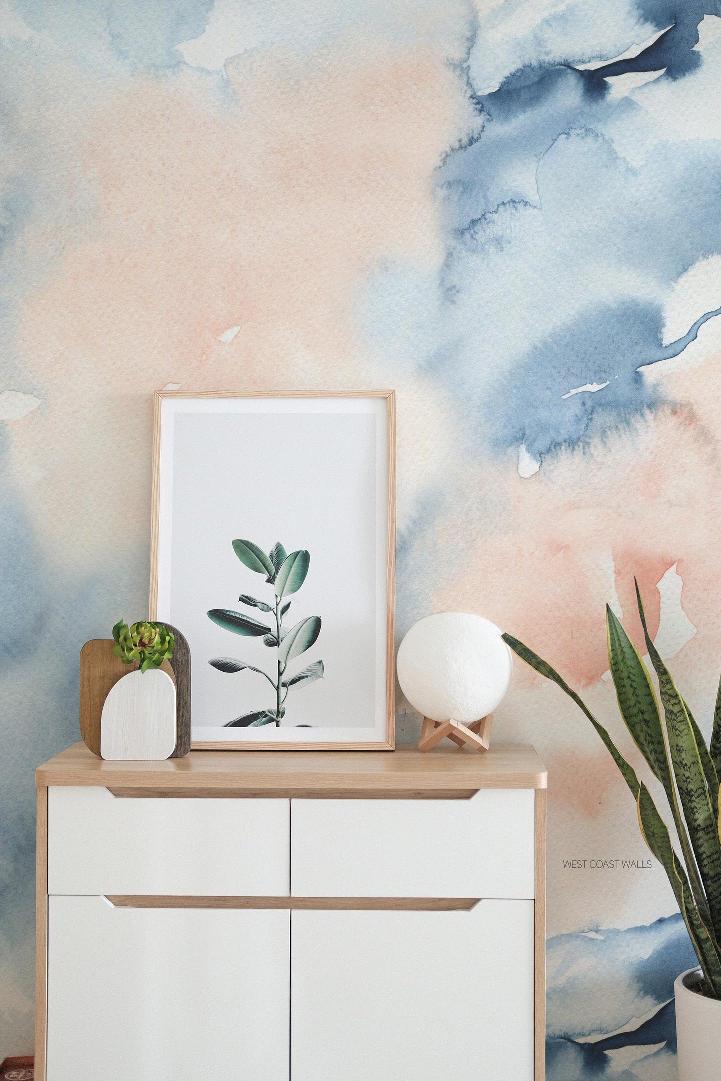 Handpainted Blue and Peach Watercolour Wallpaper
