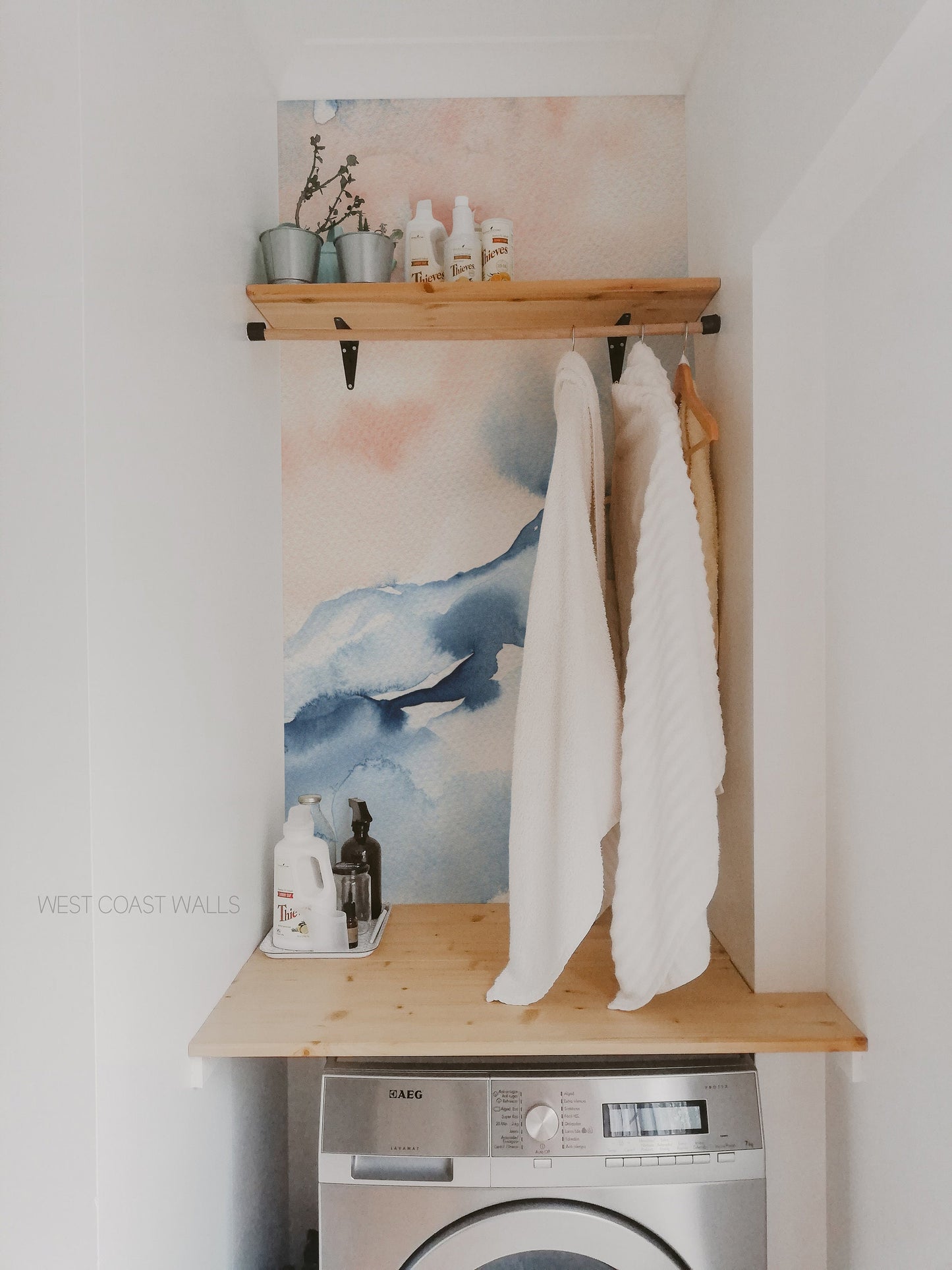 Handpainted Blue and Peach Watercolour Wallpaper