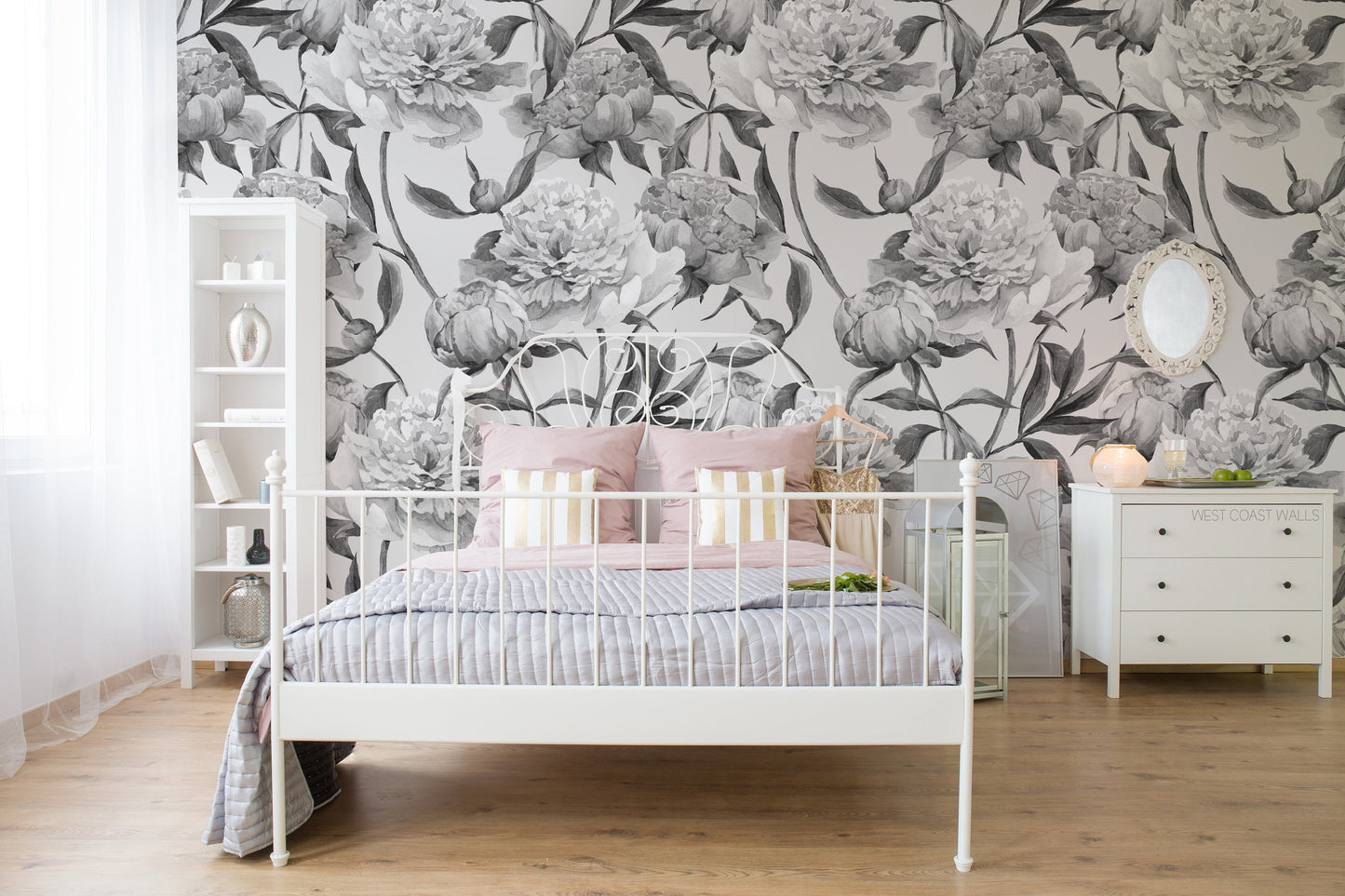 Modern Black and White Watercolour Peony Floral Wallpaper