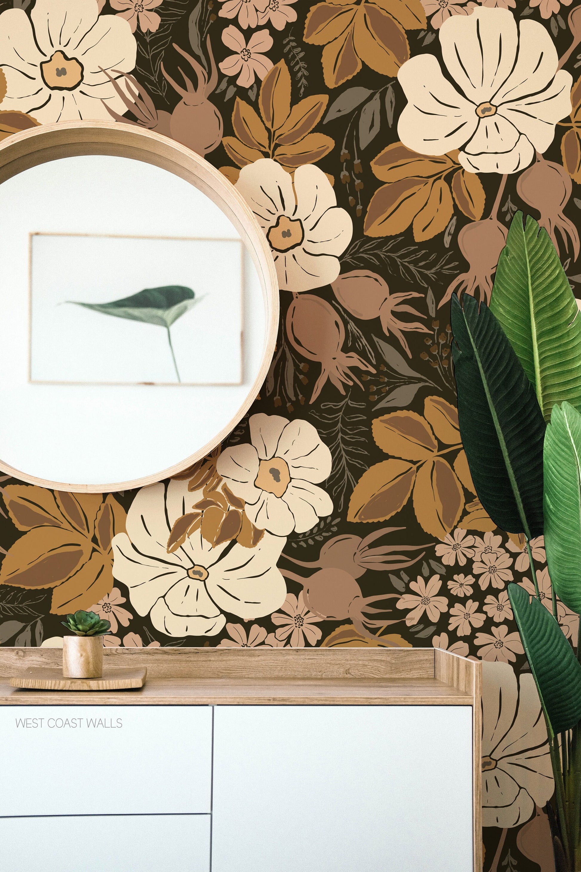 Brown and Pink Whimsical Floral Wallpaper